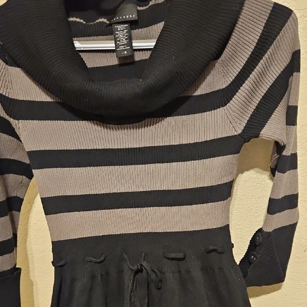 Apostrophe Black and Gray Striped Sweater Dress with Cowl Neck - Picture 4 of 11
